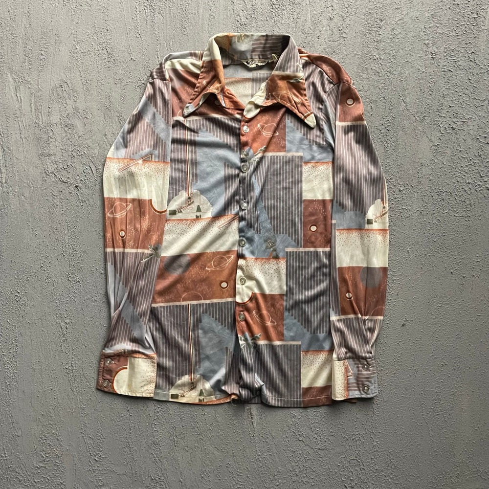 Vintage Space Galaxy Print Disco Shirt Men Medium Multi-Color 70s California